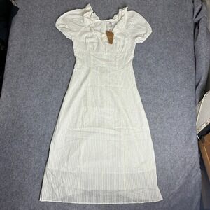 RIHOAS White Lace Trim Puff Sleeve Empire Waist Midi Dress NWT Womens Size M